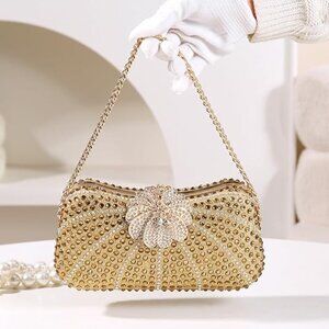 Neiman Marcus Rhinestone Gold Floral Evening Clutch Handbag